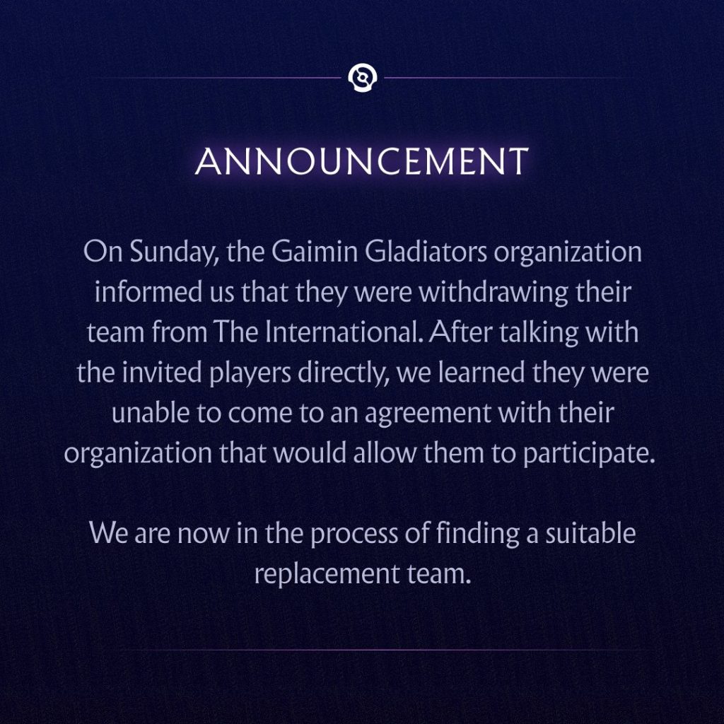 Gaimin Gladiators Drop Out of The International